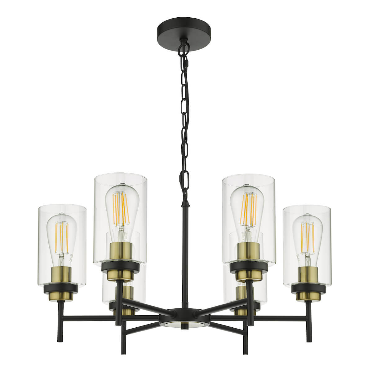 6 light ceiling armed ceiling pendant with vintage looking brass and black lamp holders